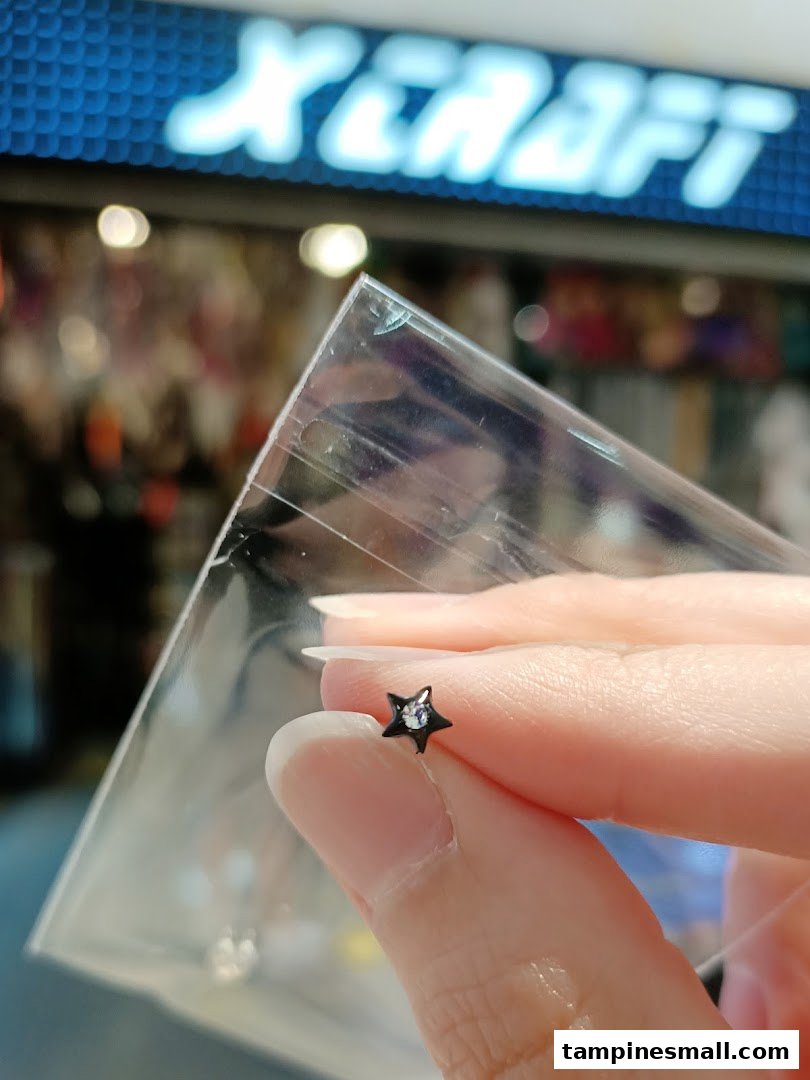 A hand holds a star-shaped piercing in a plastic bag, with the X-Craft shop logo in the background.