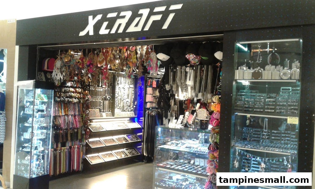The shop front of X-Craft, showcasing a wide array of accessories, jewelry, scarves, and unique gifts.