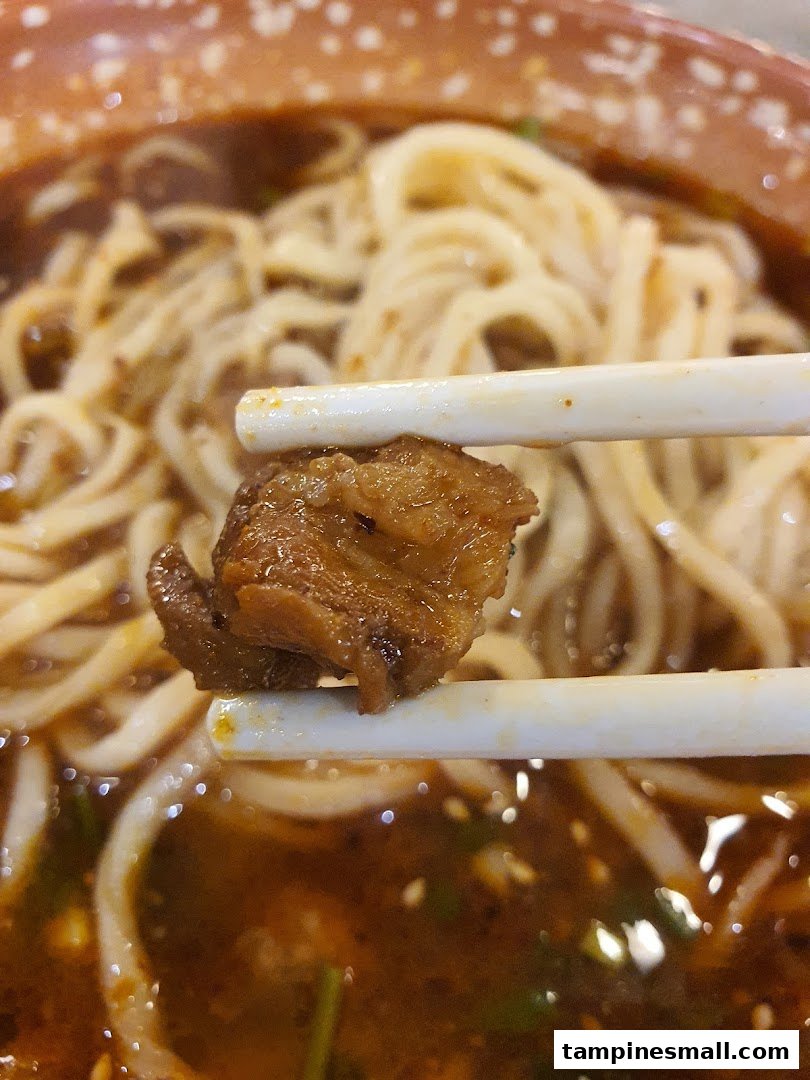 Close-up of a tender meat piece held by chopsticks over a bowl of savory noodles.