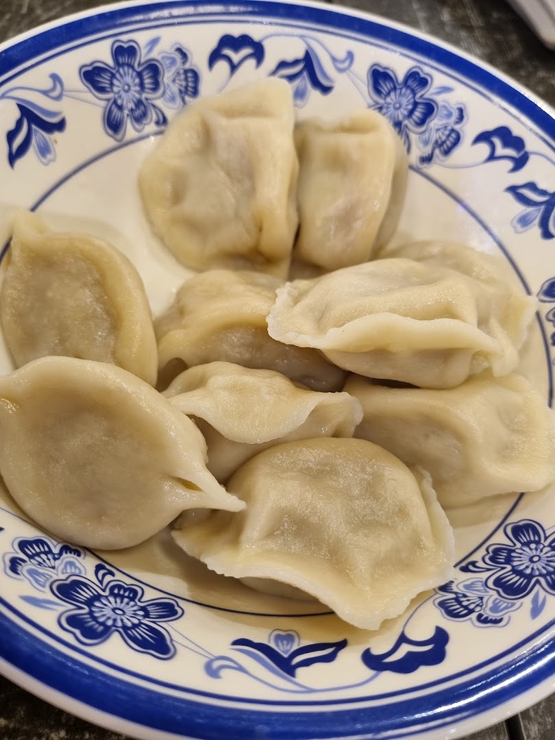 A close-up of a plate filled with freshly steamed Chinese dumplings.