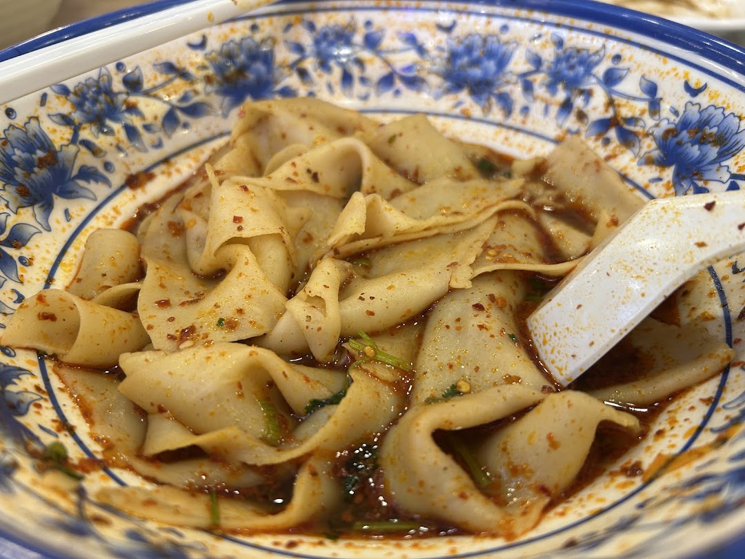 A close-up of spicy, wide hand-pulled noodles in a decorative bowl, showcasing authentic Xian cuisine.