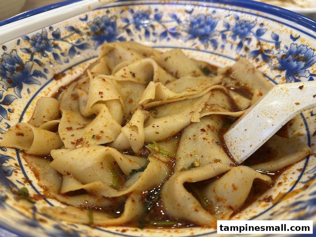 A close-up of spicy, wide hand-pulled noodles in a decorative bowl, showcasing authentic Xian cuisine.
