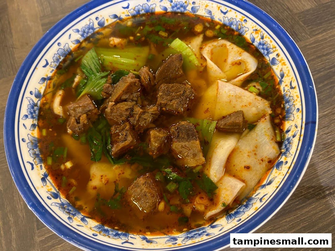 A vibrant bowl of Xian-style beef noodle soup with wide noodles and green vegetables.