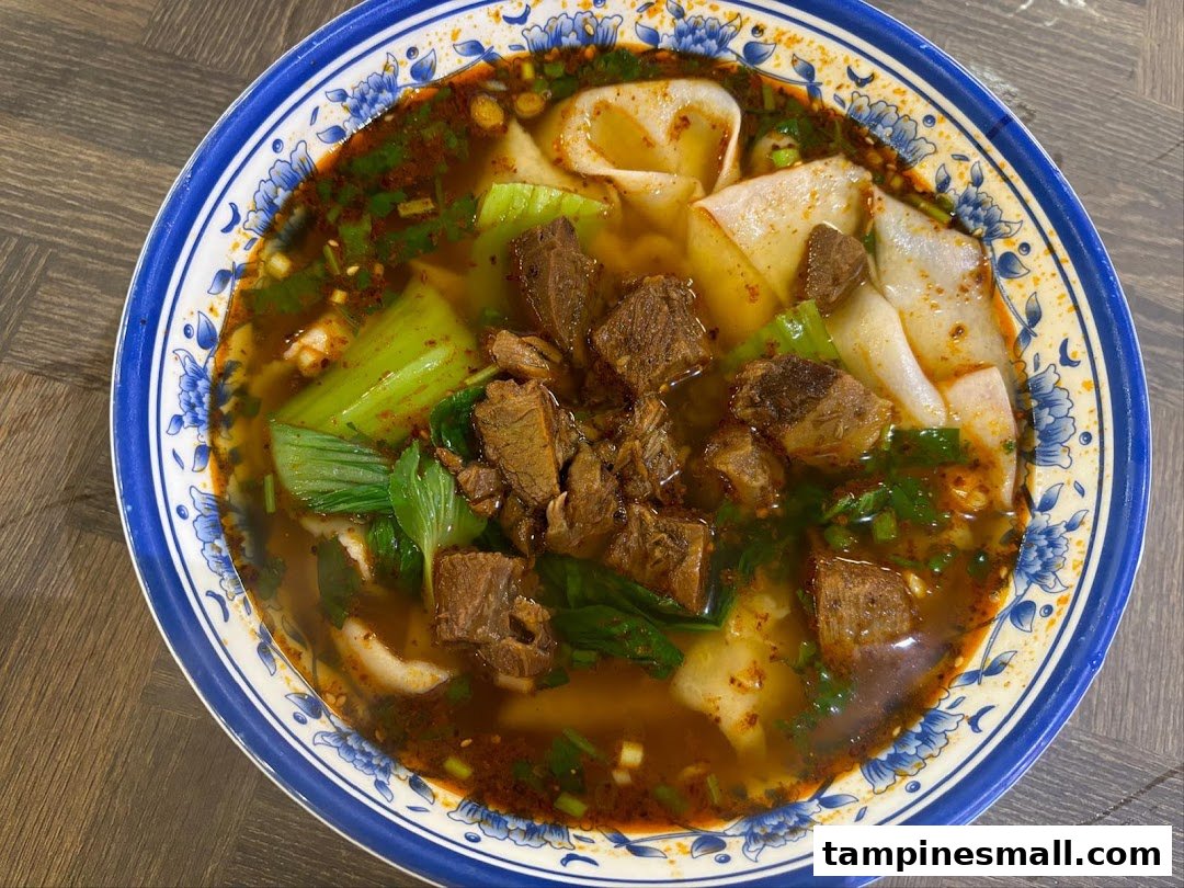 A vibrant bowl of spicy beef noodles with wide flat noodles and bok choy.