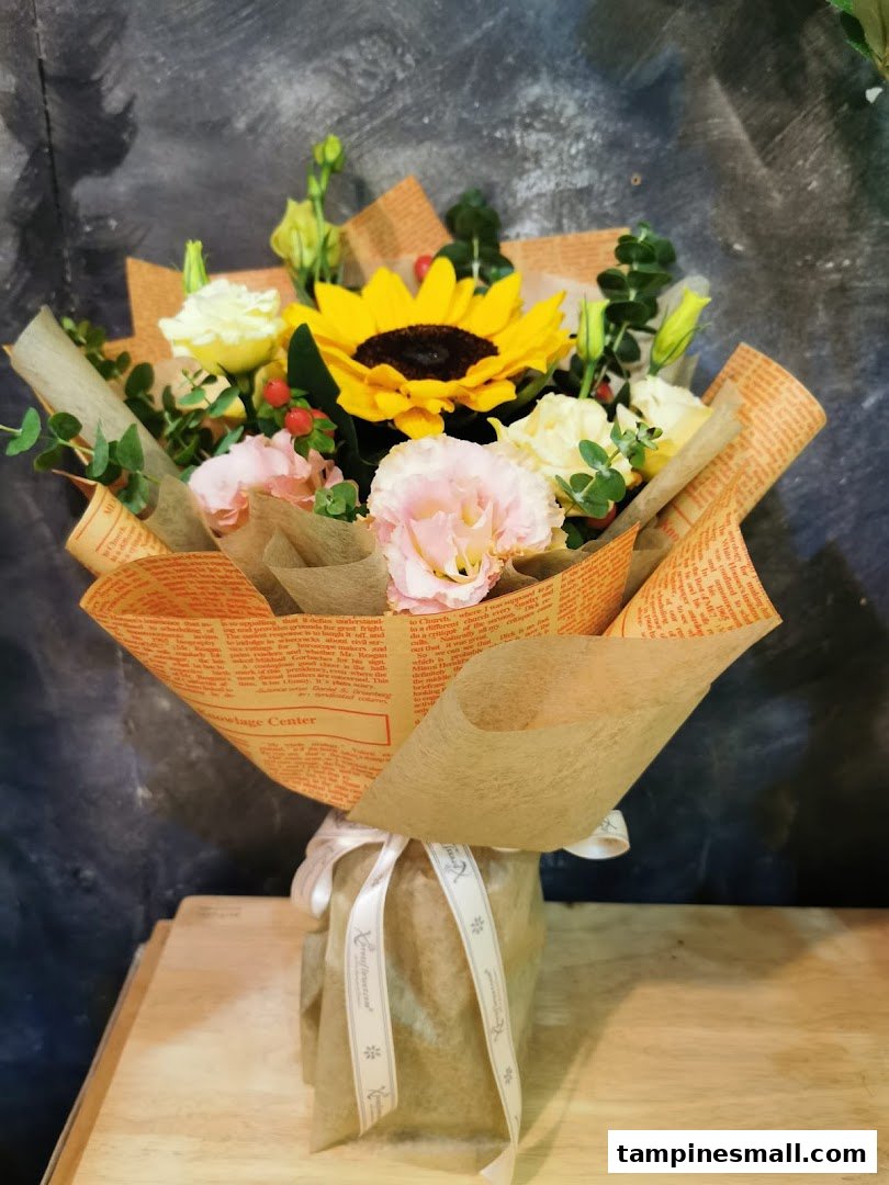 A vibrant bouquet featuring a sunflower, pink, and white flowers, beautifully wrapped in paper.