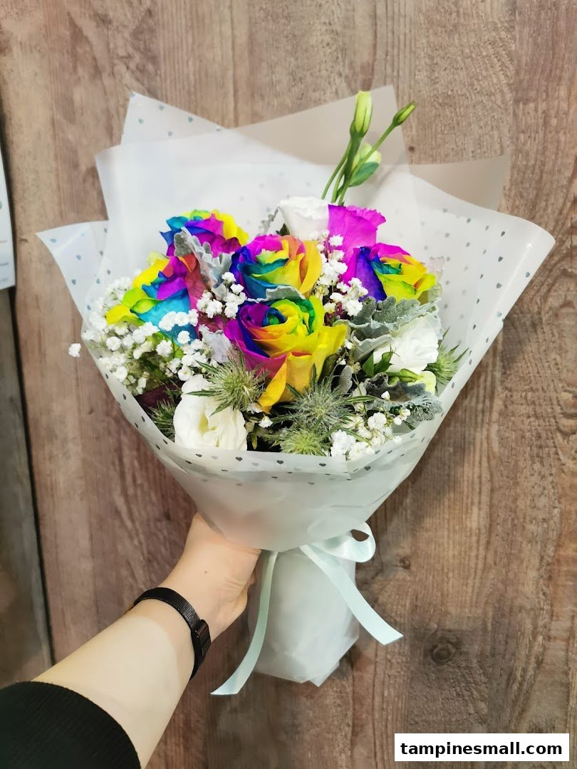 A hand holds a vibrant bouquet of rainbow roses and mixed flowers, beautifully wrapped.