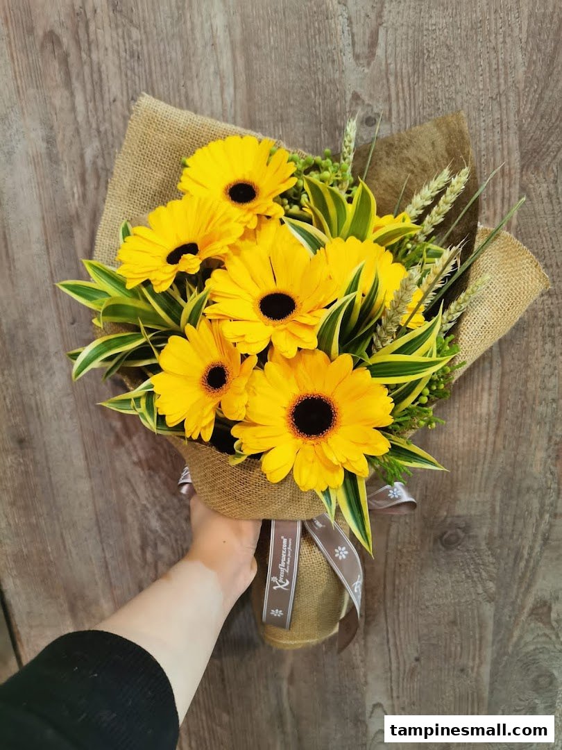 A hand holds a vibrant bouquet of yellow gerbera daisies wrapped in burlap.