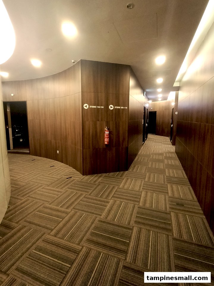 A well-lit hallway with wood-paneled walls and patterned carpet, leading to music studios.