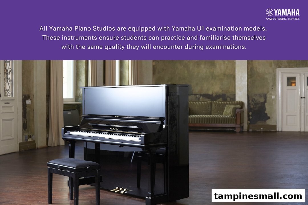 A Yamaha U1 piano and stool in a studio, highlighting examination model quality.