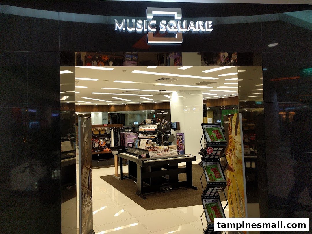 The entrance of Music Square, a music store featuring Yamaha instruments and displays.