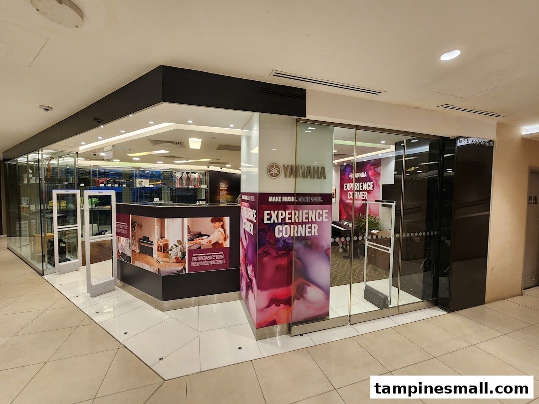 The exterior of Yamaha Music School in Tampines Mall, featuring glass walls and an 'Experience Corner'.