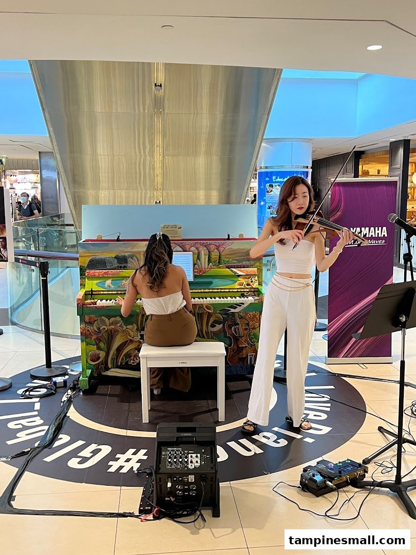 Two musicians perform live music with a piano and violin in a mall setting.