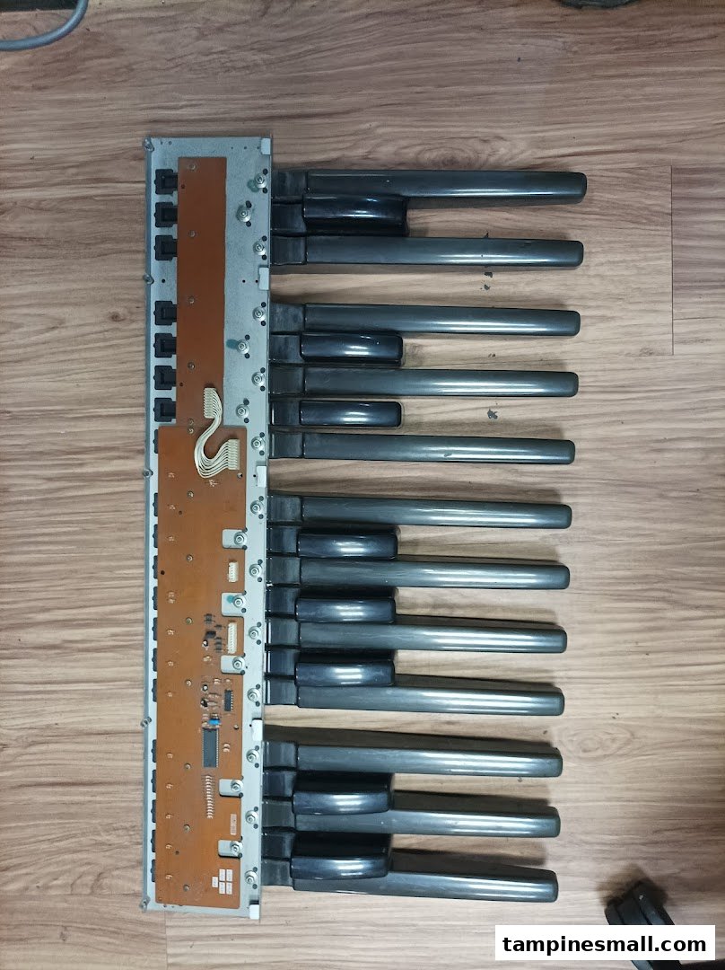 Internal view of a musical keyboard or organ pedalboard mechanism.