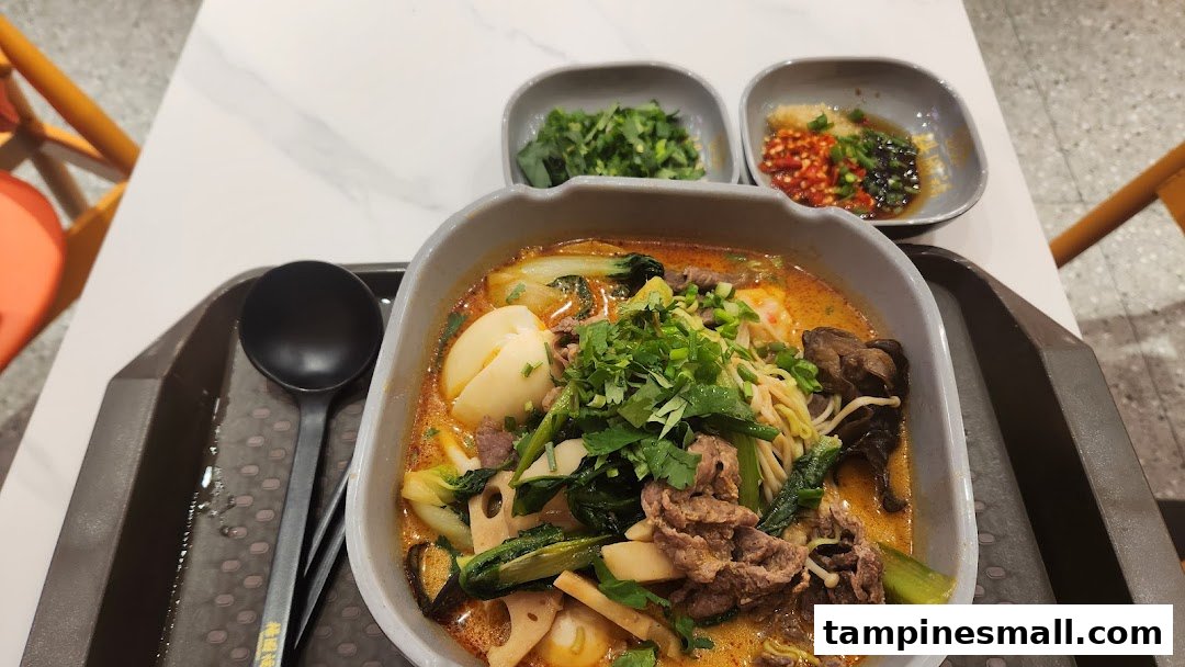 A vibrant bowl of Mala Tang with various ingredients and side condiments on a tray.