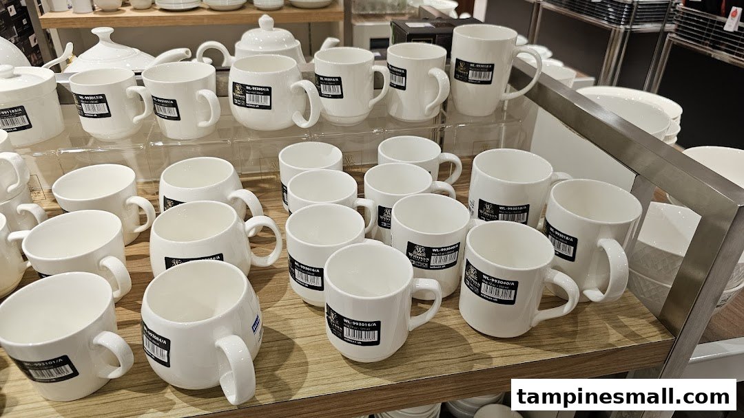 A retail display showcasing numerous white ceramic mugs and other kitchenware items on wooden shelves.
