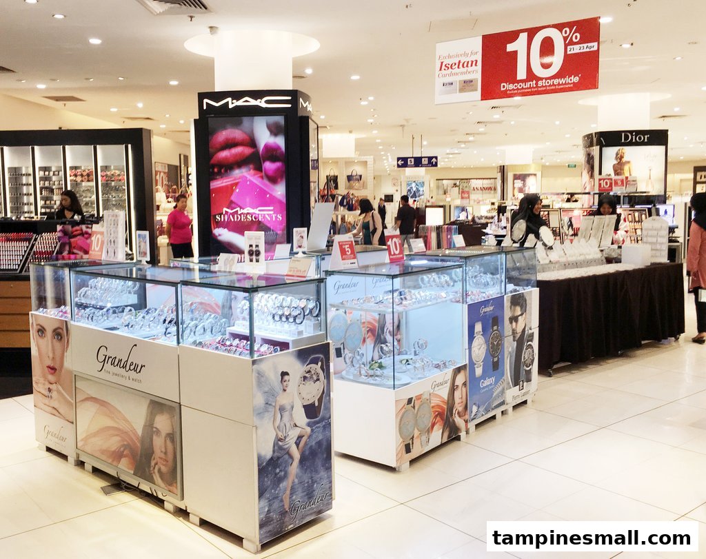 Department store interior with beauty and jewelry displays, including MAC, Dior, and Grandeur.