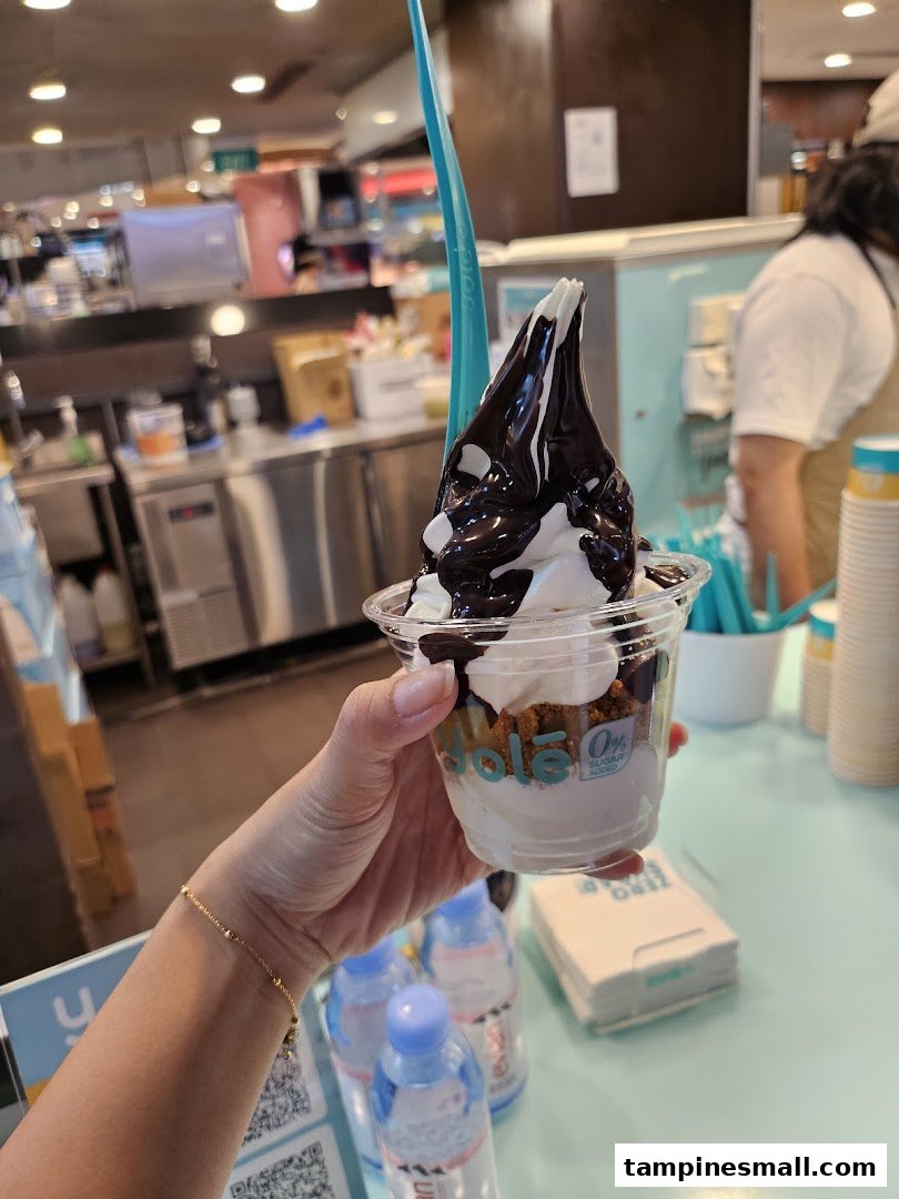 A hand holding a Yolé frozen yogurt cup with chocolate sauce and toppings inside the shop.