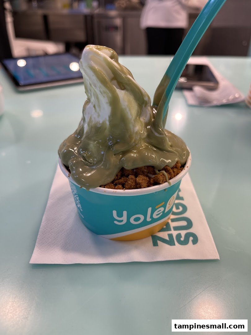 A delicious Yolé frozen yogurt with green sauce and cookie crumble toppings in a cup.