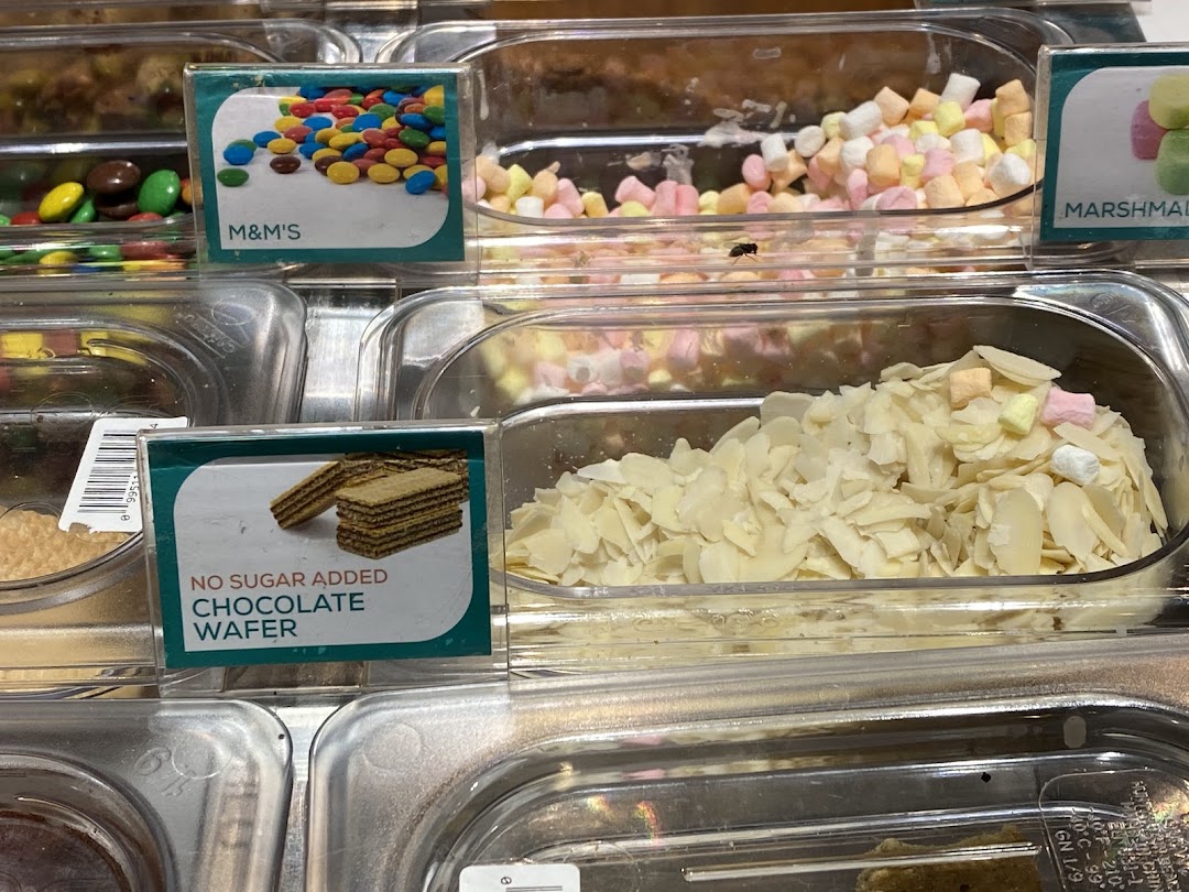 Close-up of Yolé's frozen yogurt toppings, including M&M's, marshmallows, and no sugar added chocolate wafers.