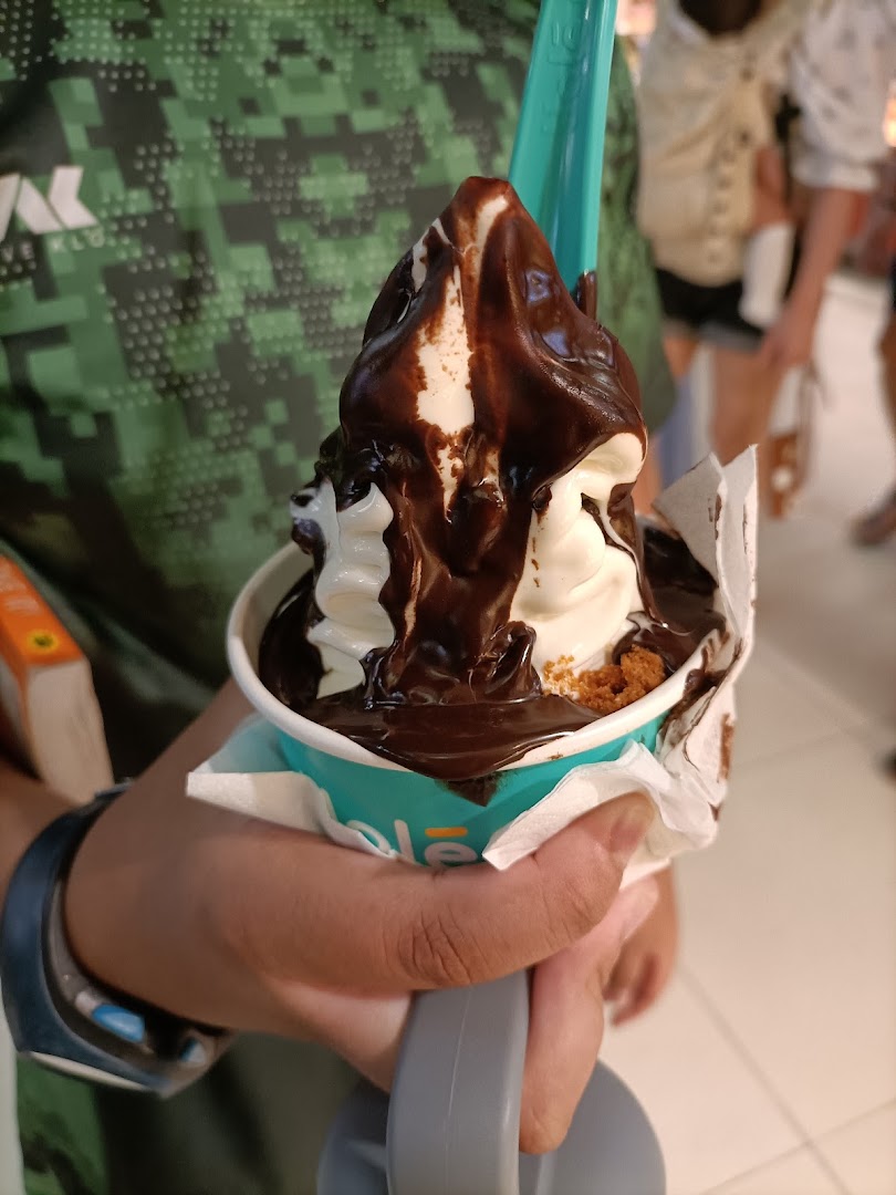 A hand holding a cup of Yolé frozen yogurt topped with rich chocolate sauce.