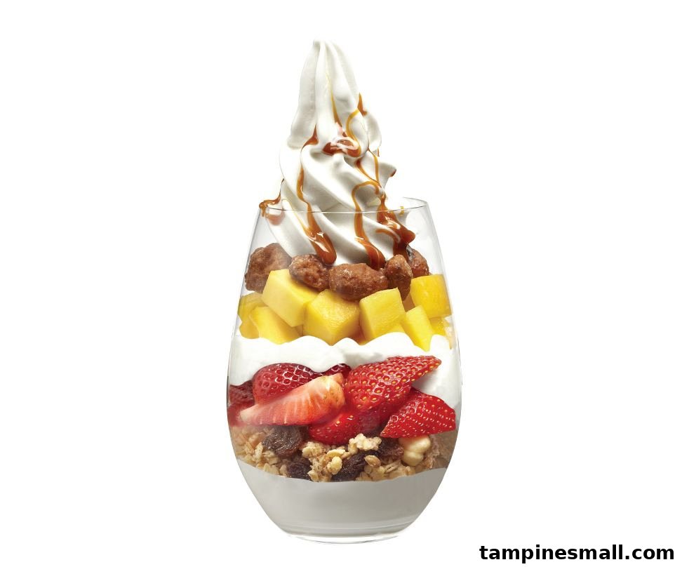 A vibrant layered dessert featuring frozen yogurt, fresh strawberries, mango, granola, and caramel drizzle.