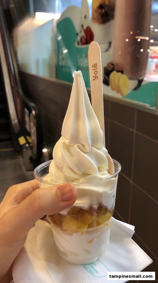 A hand holds a cup of Yolé frozen yogurt with fruit layers and a branded wooden spoon.