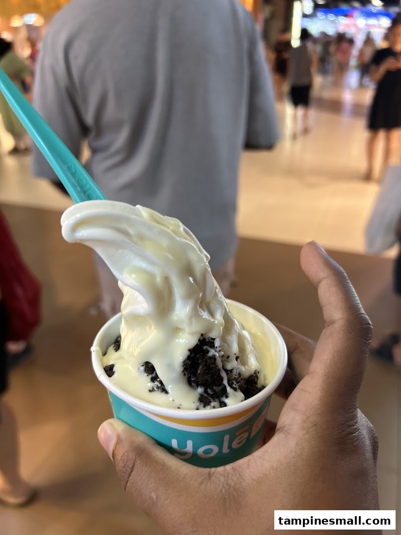 A hand holds a Yolé frozen yogurt cup with white chocolate sauce and cookie crumbs.