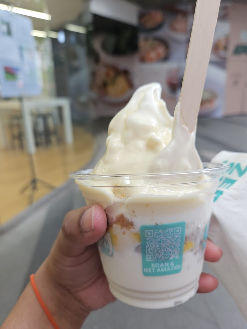A hand holds a cup of creamy frozen yogurt with toppings and a wooden spoon.