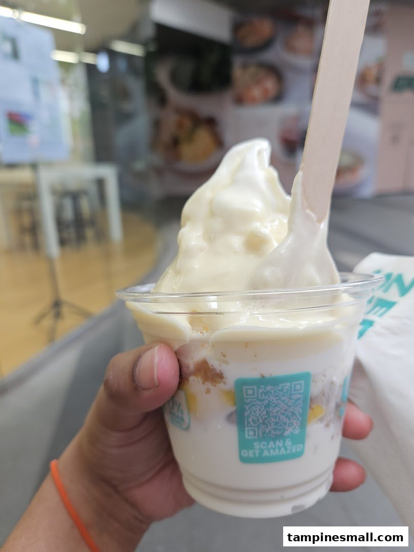 A hand holds a cup of creamy frozen yogurt with toppings and a wooden spoon.