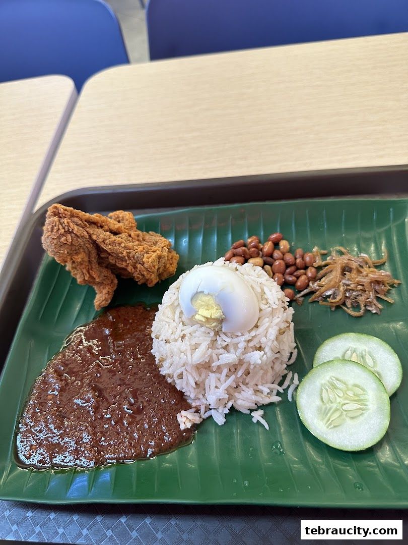 A plate of Nasi Lemak with fried chicken, sambal, peanuts, anchovies, egg, and cucumber.