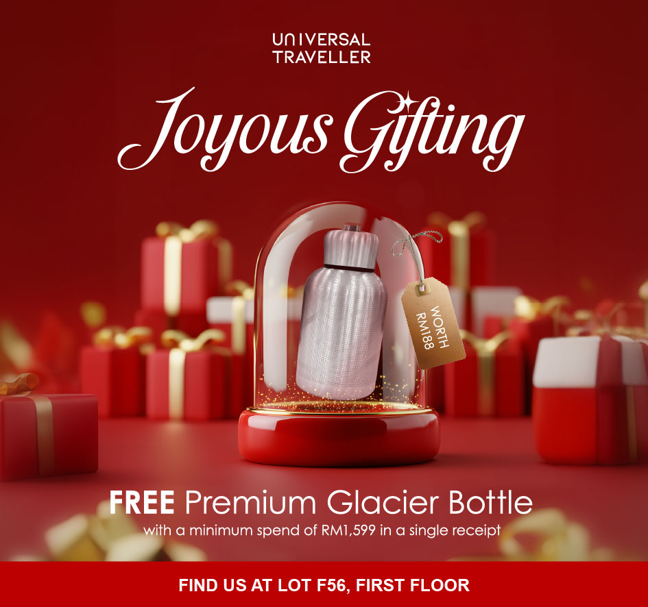 A premium glacier bottle, possibly with a holiday theme or Universal Traveller branding.
