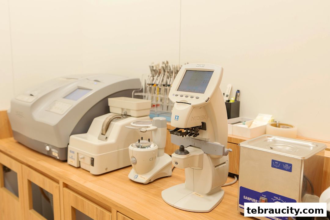 Optical equipment including lens edger, auto refractor, and ultrasonic cleaner on a wooden counter.