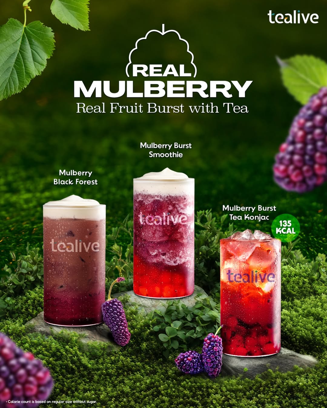 A vibrant display of Tealive's Real Mulberry Series beverages