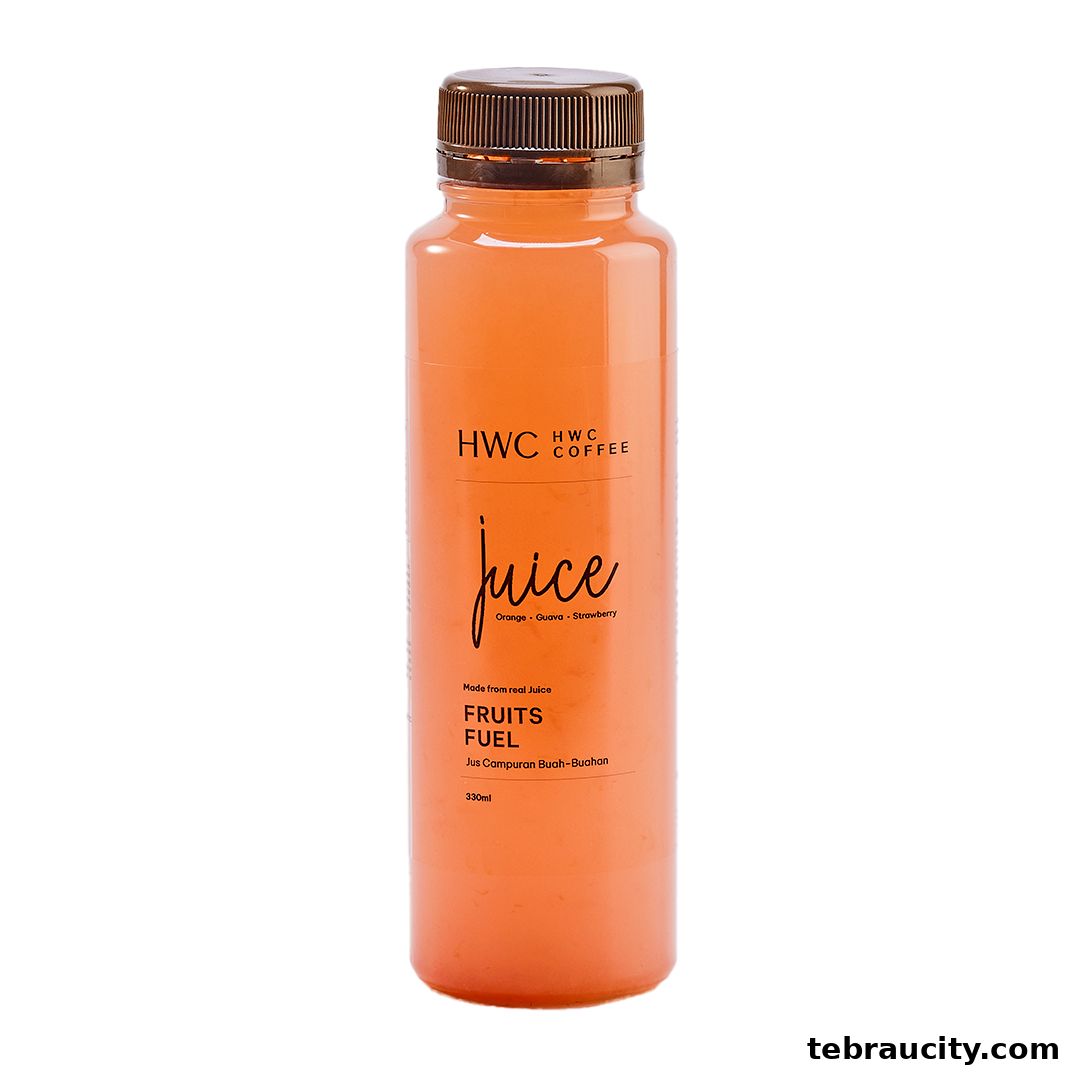 A bottle of HWC Coffee Fruits Fuel juice made from orange, guava, and strawberry.
