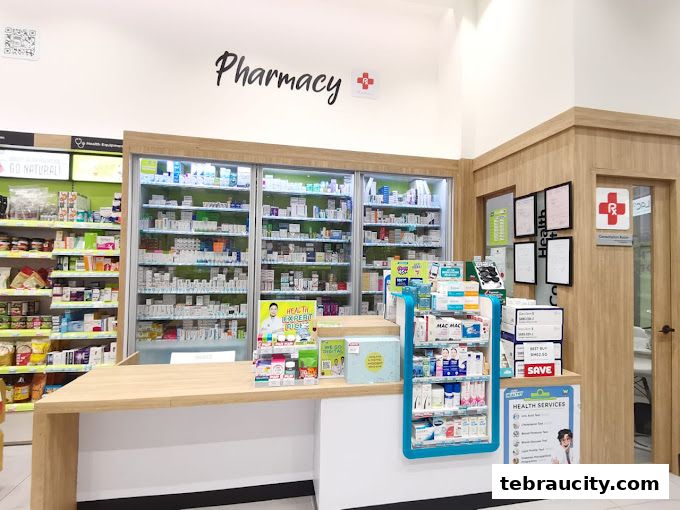 Interior view of a Watsons pharmacy with shelves stocked with medications and health products.
