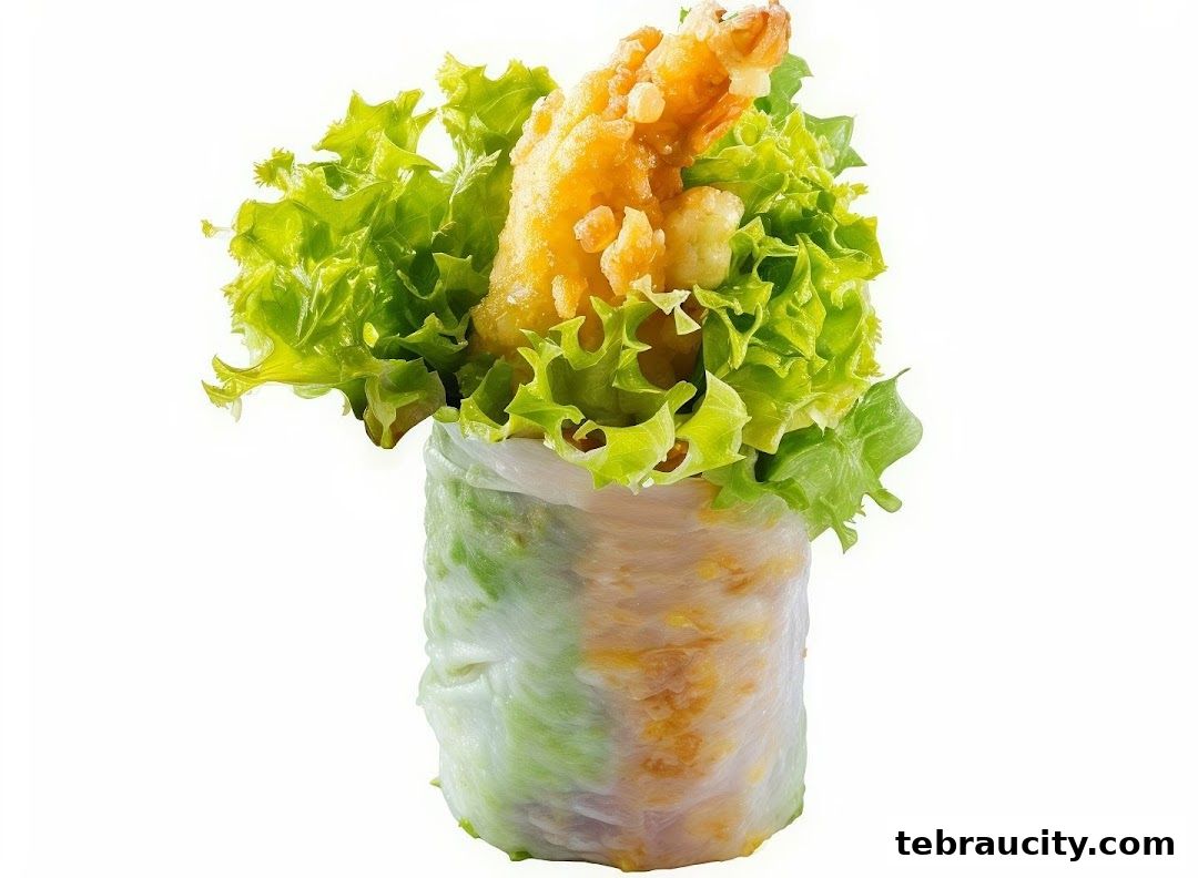 A close-up of a sushi roll with tempura shrimp and fresh lettuce.