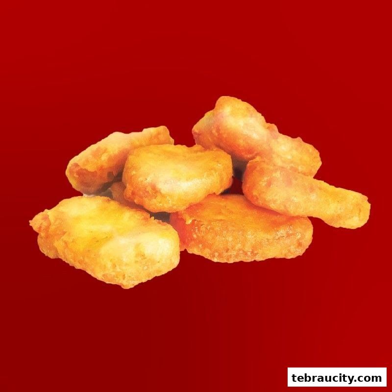 A pile of golden-brown, crispy chicken nuggets on a red background.