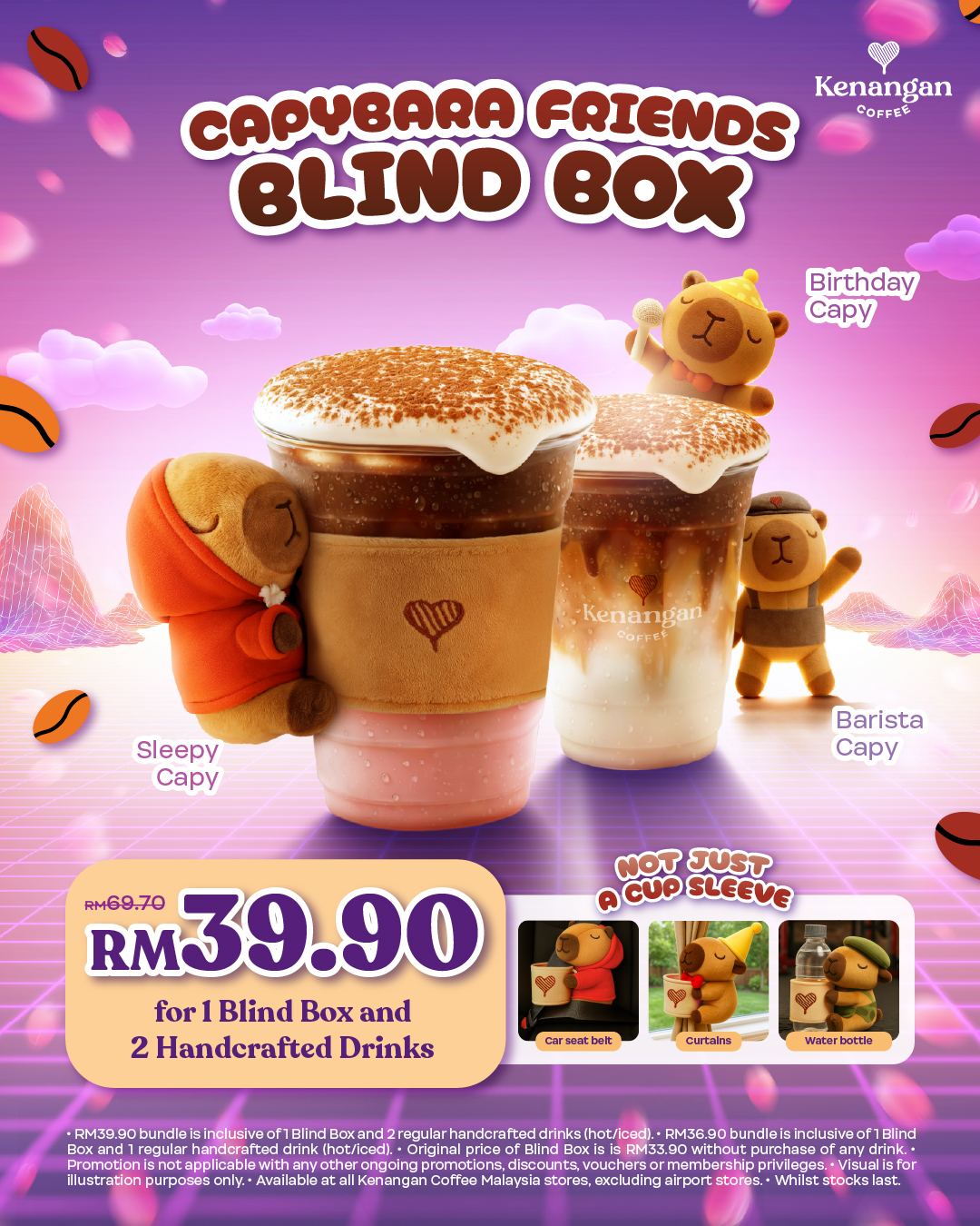 A delightful collection of Capybara blind box figurines alongside refreshing Kenangan Coffee drinks.