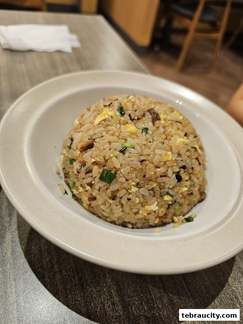 A close-up shot of a bowl of fried rice with visible ingredients like egg and green onions.