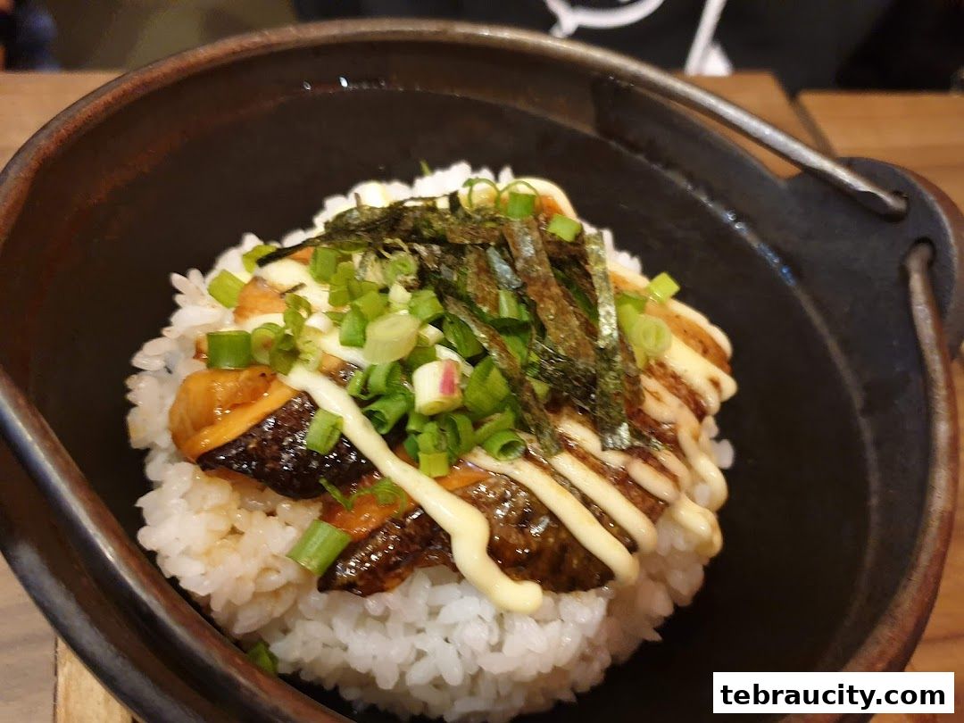 A close-up of a delicious rice bowl topped with grilled meat, mayonnaise, and green onions.