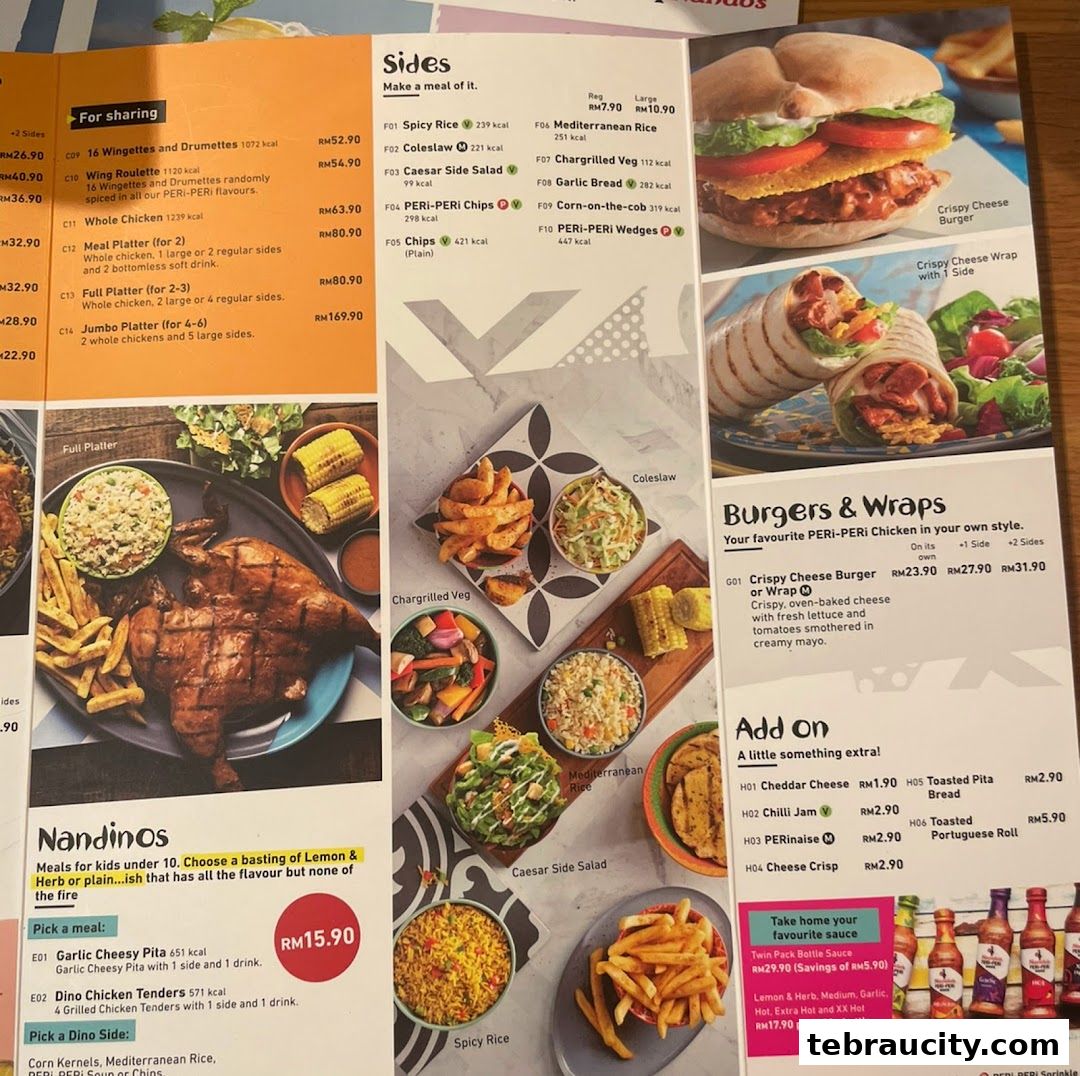 A menu from Nandos featuring sides, burgers, wraps, and kids' meals with prices and descriptions.