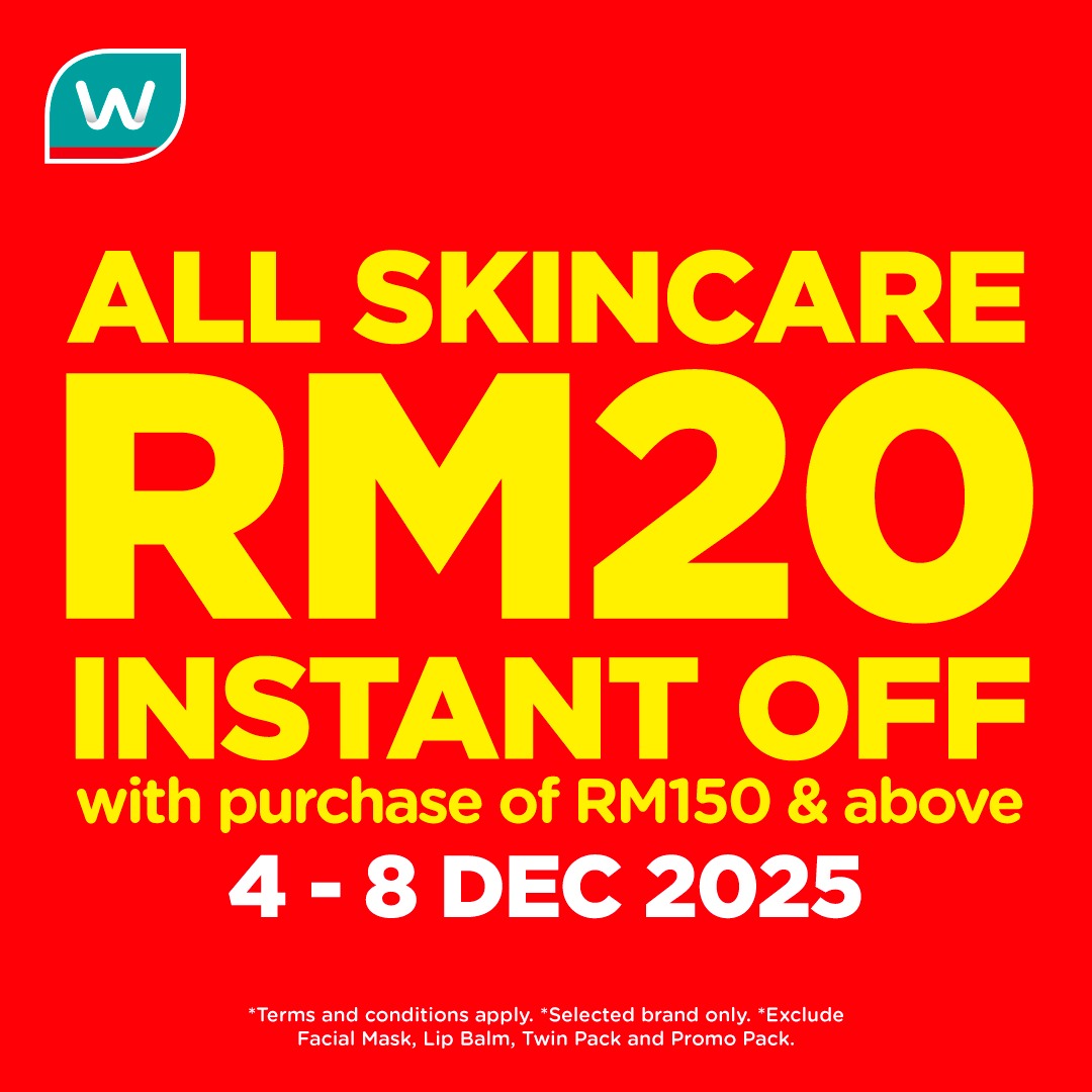 A collection of various skincare products featuring a promotional discount label.