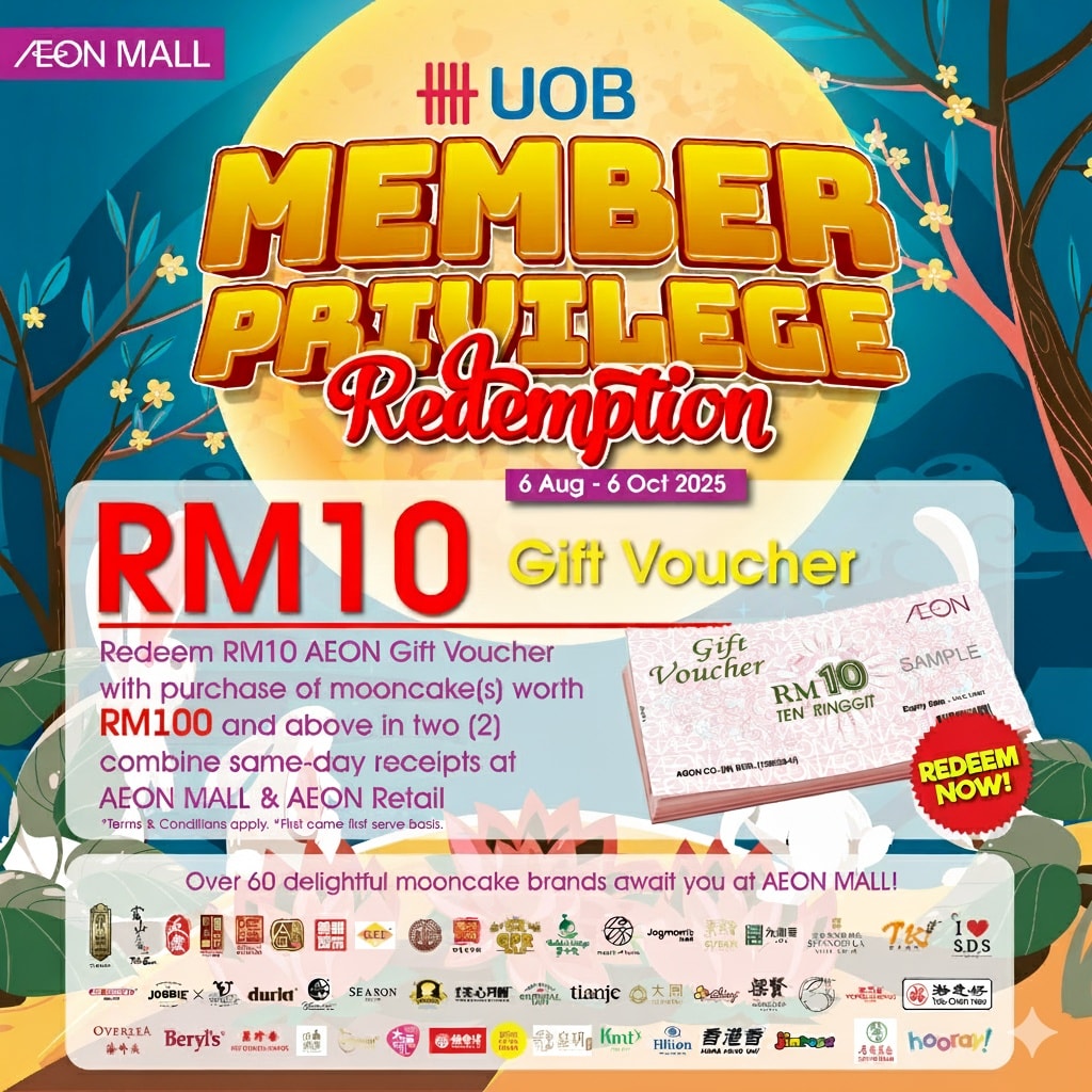 A variety of mooncakes displayed with an AEON gift voucher.
