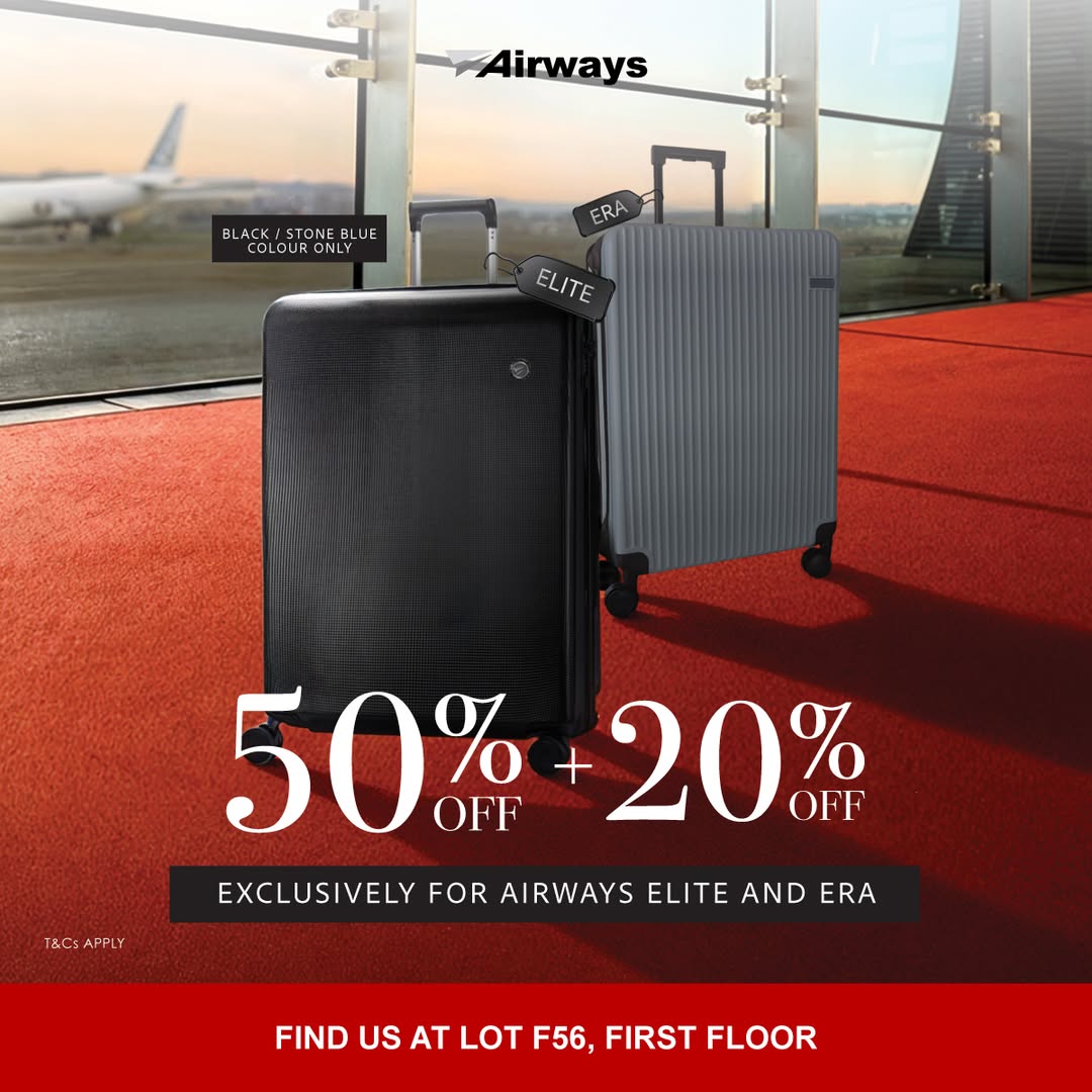 Airways Elite Black and Stone Blue luggage and Airways Era luggage sets ready for travel.