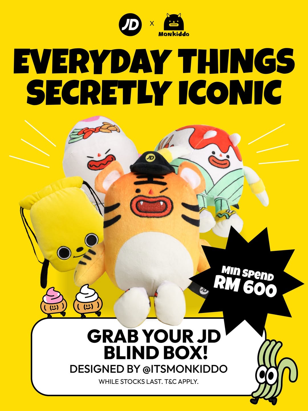 A display of various JD Exclusive Blindbox Plushies, each promising a unique surprise.