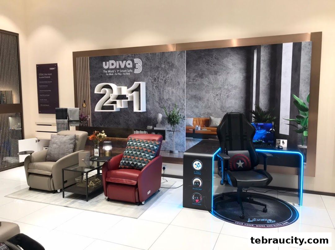 OSIM shop interior featuring massage chairs and a gaming setup.