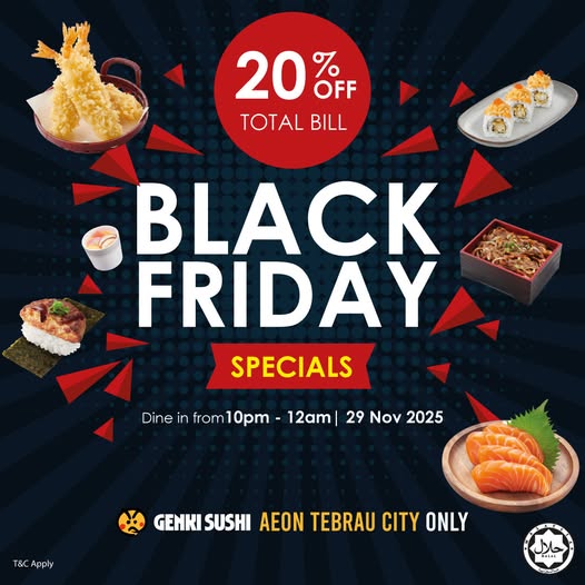 A vibrant spread of sushi, tempura, and sashimi from Genki Sushi.