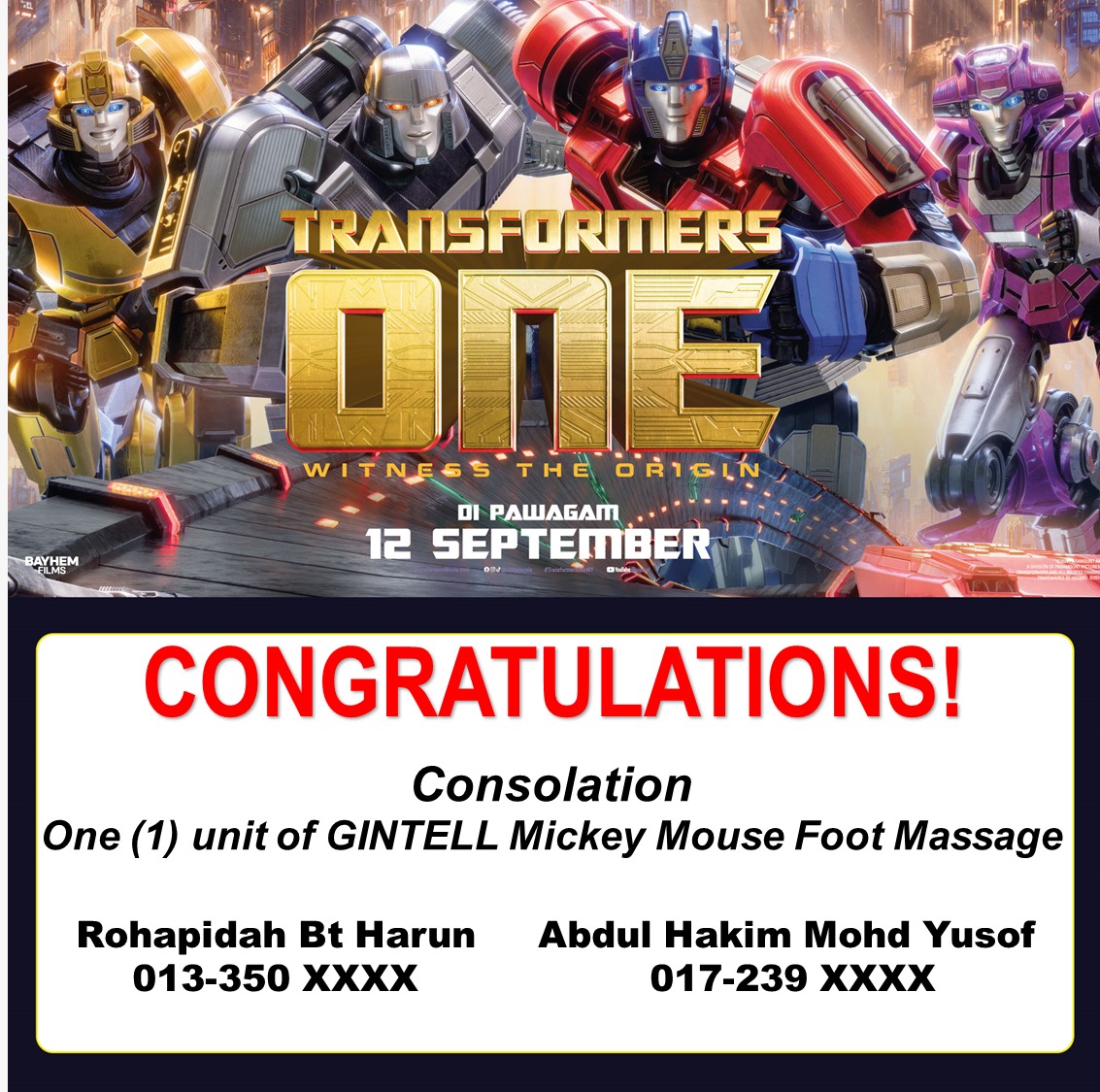 Promotional graphic announcing winners for AEON Mall's 'Count the Transformer Logo' challenge