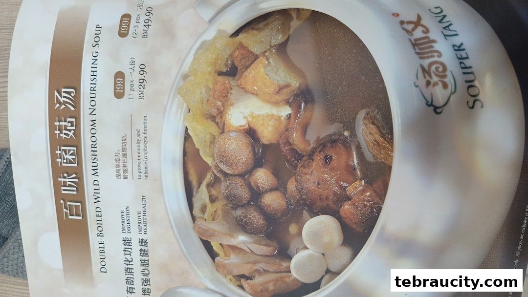 A menu item for Double-Boiled Wild Mushroom Nourishing Soup from Souper Tang.
