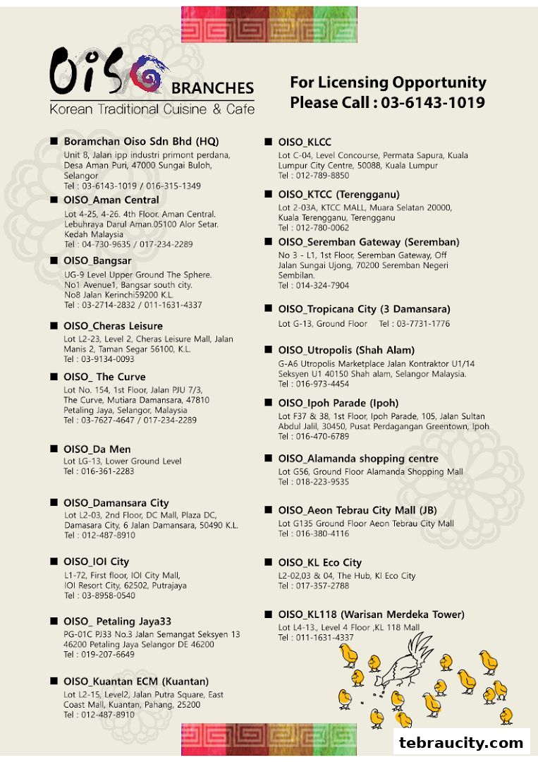 A list of Oiso Korean Traditional Cuisine & Cafe branches and contact information.